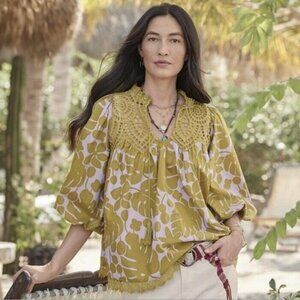 Sundance Womens Top Yellow Harmonia Crochet V Neck Tasseled Blouse Boho XL